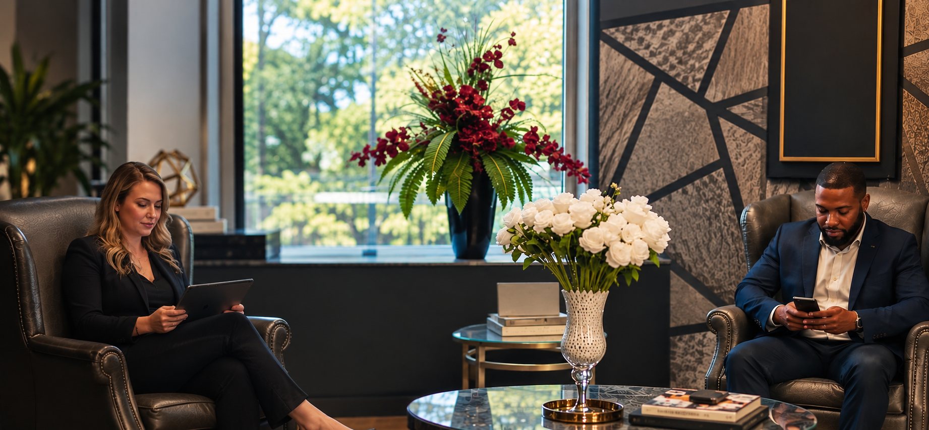 The 1st Financial Services reception area: two clients seated in leather chairs beside a glass table and fresh flowers